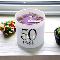 Personalised Gift For Her 50th Birthday Candle Boxed Floral Variety of Fragrances Tea Light Holder ukgiftstoreonline Lavender