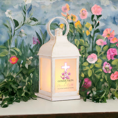 Personalised Communion Lantern Light Candle With Pink Cross