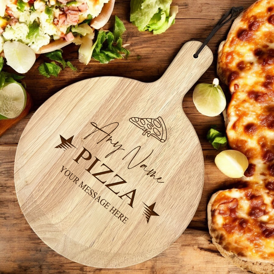 Large Personalised Custom Pizza Board Names Serving Tray Handle Paddle Round Wooden ukgiftstoreonline