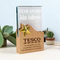 Personalised Star Award Trophy Any Engraving or Occasion Wood and Glass