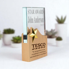 Personalised Star Award Trophy Any Engraving or Occasion Wood and Glass