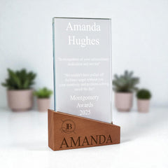 Tall Wood and Glass Personalised Engraved Award Trophy Perfect for Sports, Employees, School Ceremonies & Appreciation