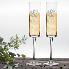 Pair Of Modern and Elegant Personalised Tall Champagne Prosecco Glass Mr and Mrs