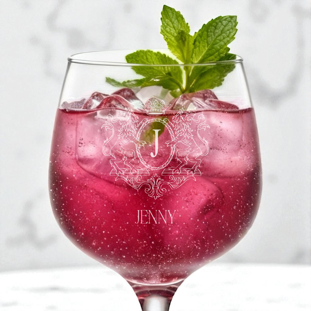 Personalised Gin and Tonic Balloon Cocktail Glass With Engraved Crest Personalised ukgiftstoreonline