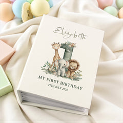 Personalised 1st Birthday Photo Album With Animals 100 6x4 Photo Album with Sleeves