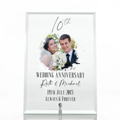 Personalised 10th Anniversary Keepsake Gift For Couple Glass Plaque With Printed Photo