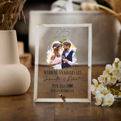 Personalised 25th Anniversary Keepsake Gift For Couple Glass Plaque With Printed Photo