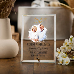 Personalised 50th Anniversary Keepsake Gift For Couple Glass Plaque With Printed Photo