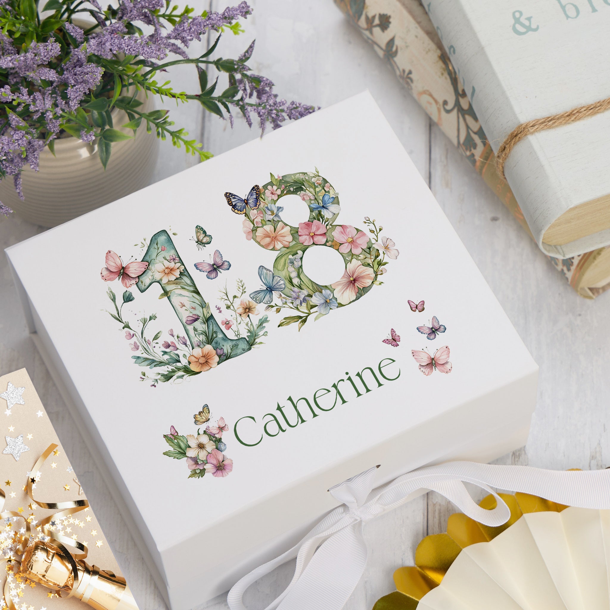 Personalised 18th Birthday Memory Box, Keepsake Box Gift With Flowers and Butterflies ukgiftstoreonline Ribbon Box Medium