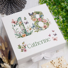 Personalised 18th Birthday Memory Box, Keepsake Box Gift With Flowers and Butterflies ukgiftstoreonline