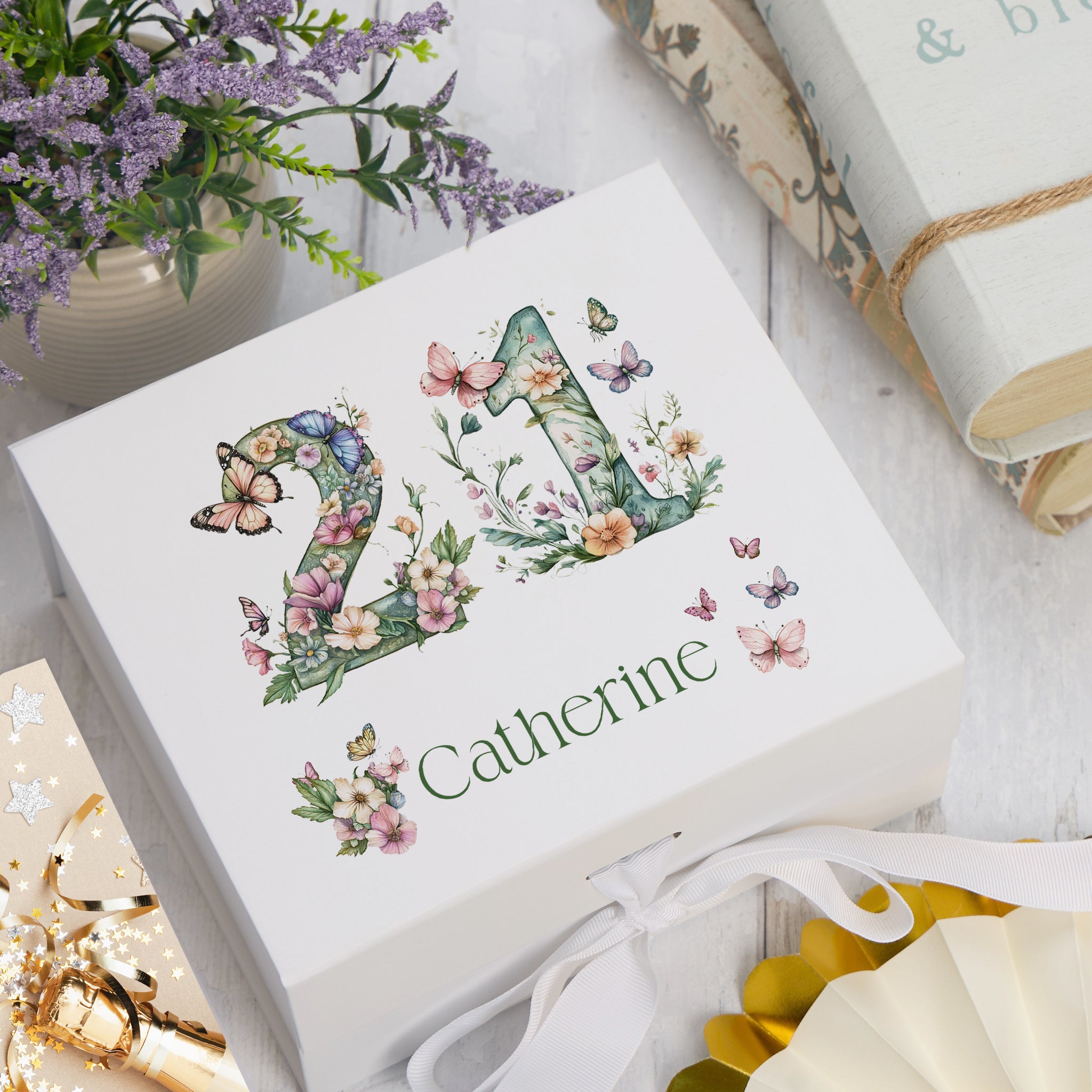 Personalised 21st Birthday Memory Box, Keepsake Box Gift With Flowers and Butterflies ukgiftstoreonline