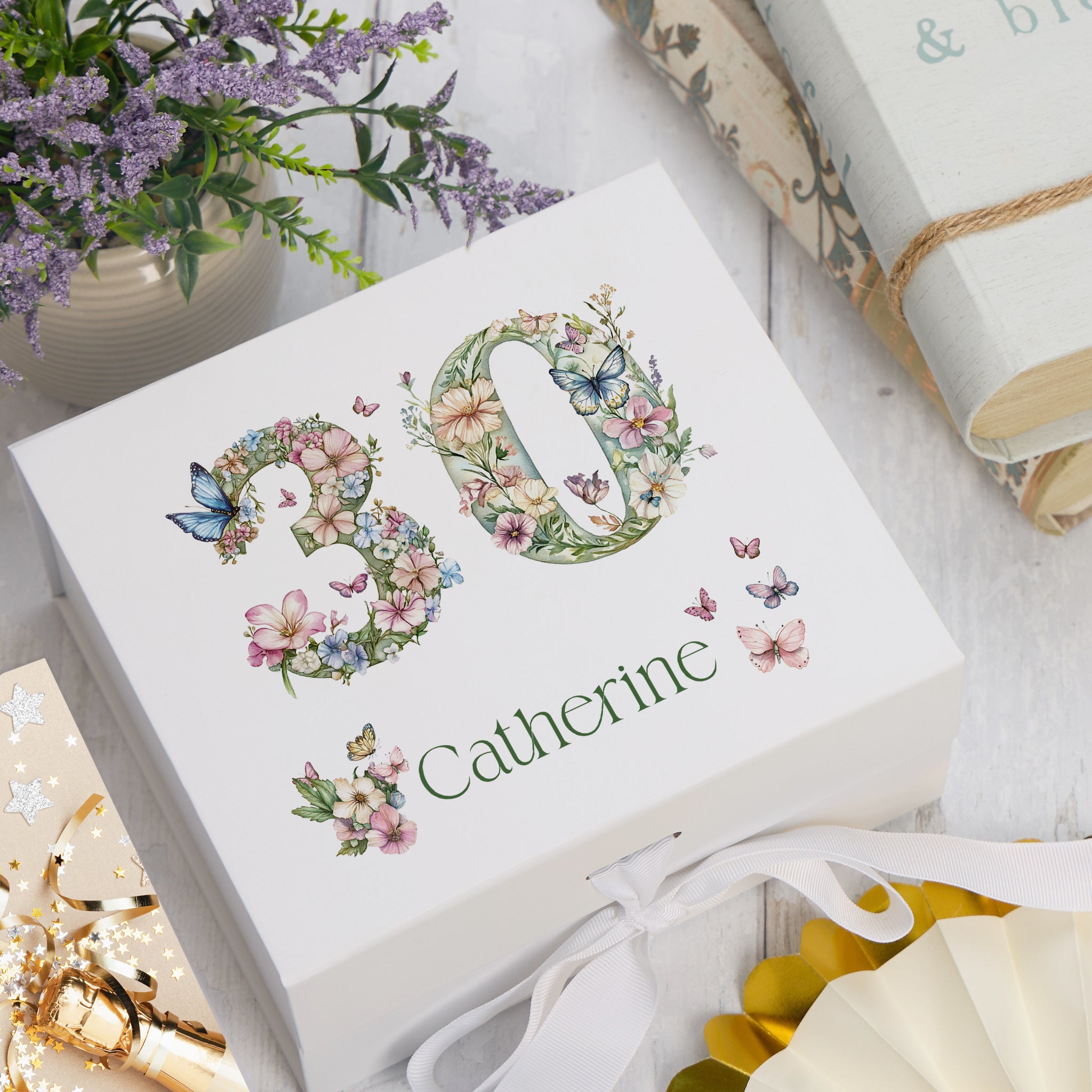 Personalised 30th Birthday Memory Box, Keepsake Box Gift With Flowers and Butterflies ukgiftstoreonline