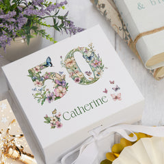Personalised 50th Birthday Memory Box, Keepsake Box Gift With Flowers and Butterflies ukgiftstoreonline