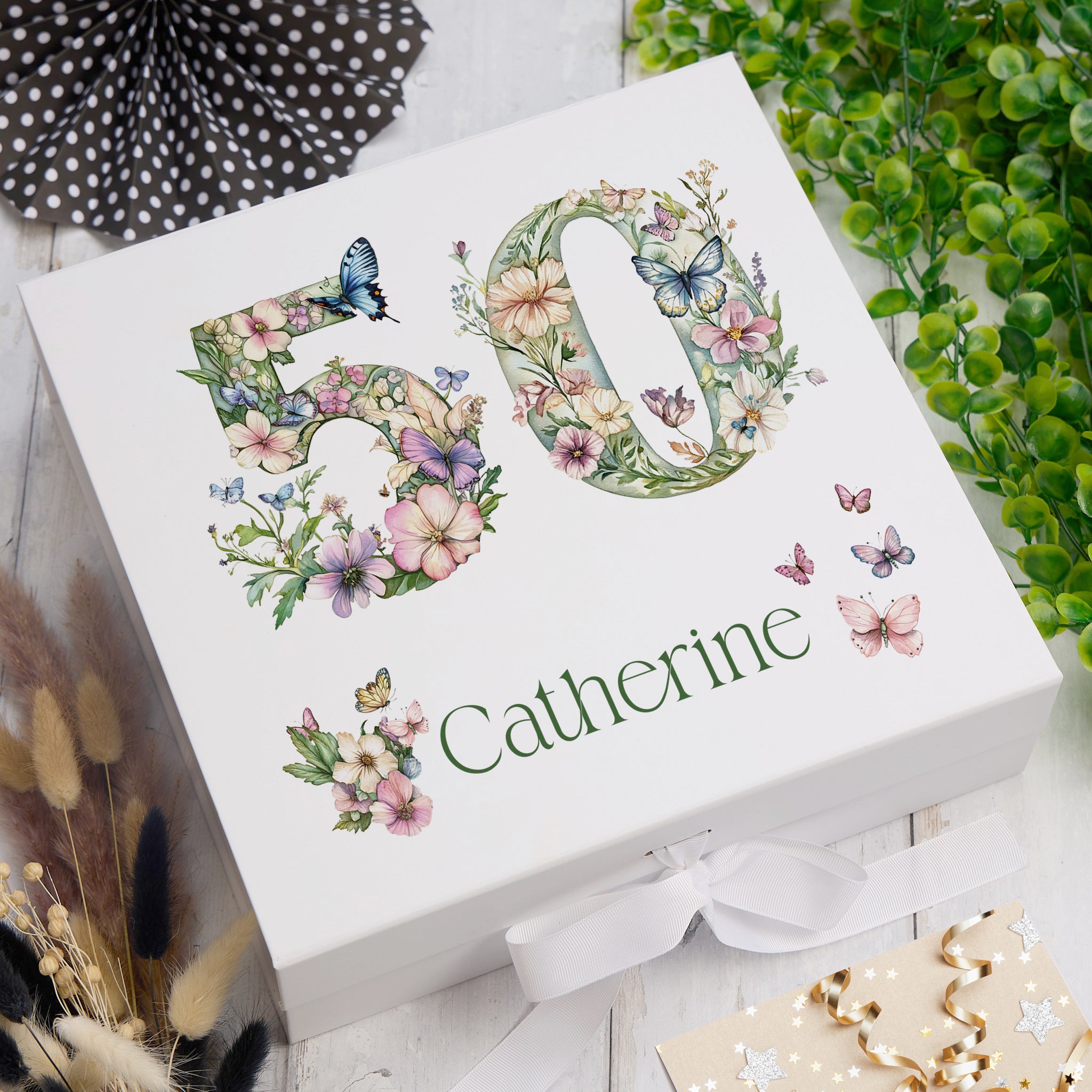 Personalised 50th Birthday Memory Box, Keepsake Box Gift With Flowers and Butterflies ukgiftstoreonline Ribbon Box Medium