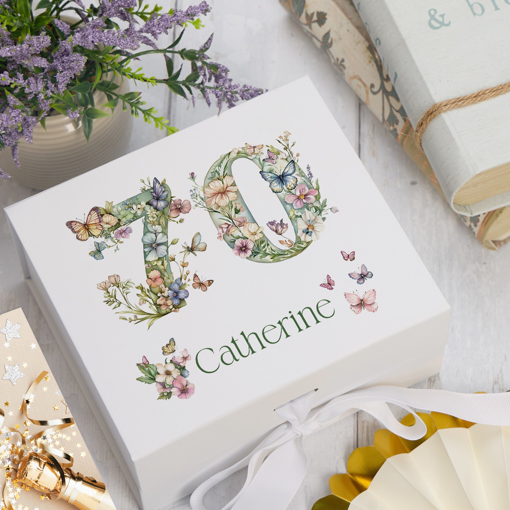 Personalised 70th Birthday Memory Box, Keepsake Box Gift With Flowers and Butterflies ukgiftstoreonline