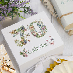 Personalised 70th Birthday Memory Box, Keepsake Box Gift With Flowers and Butterflies ukgiftstoreonline