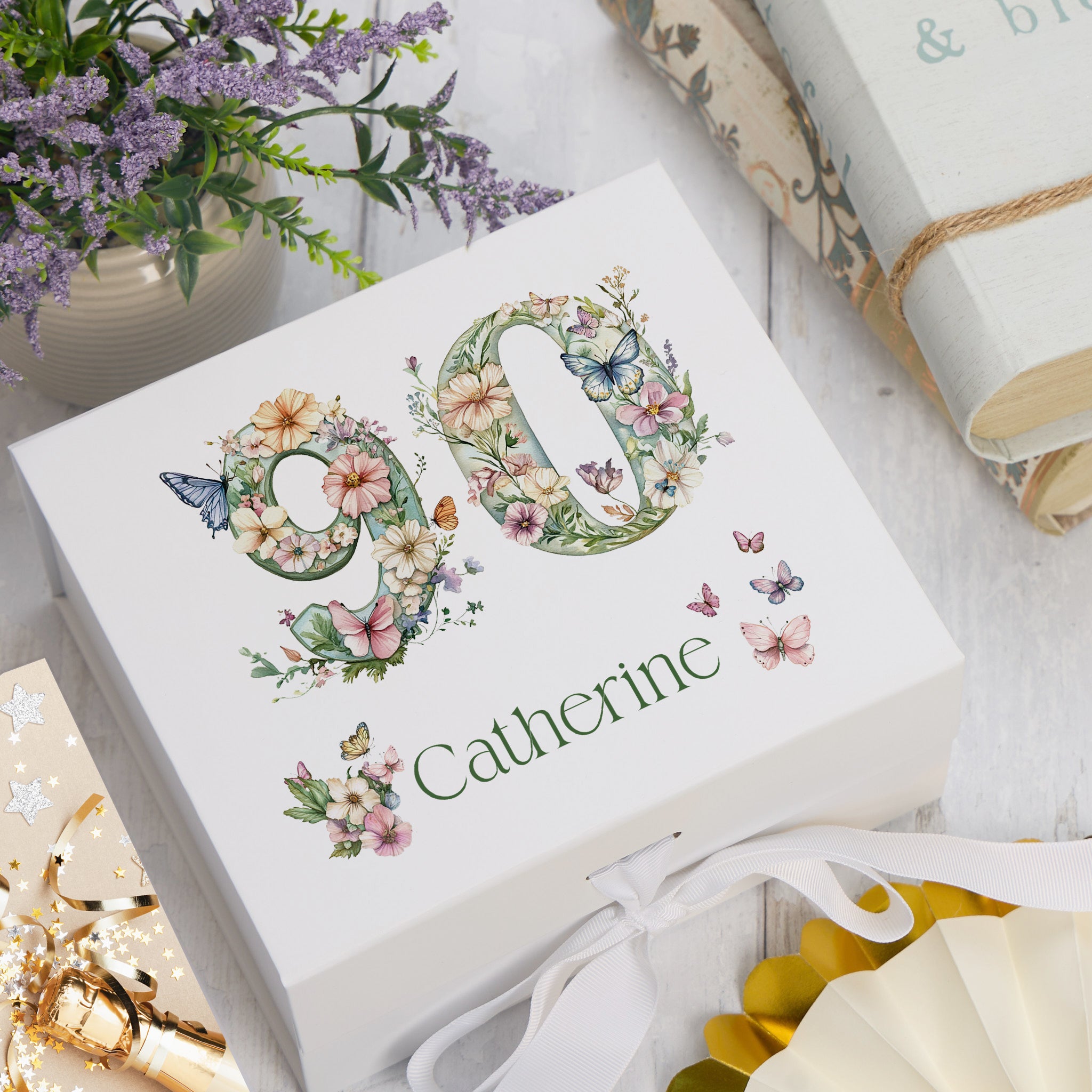 Personalised 90th Birthday Memory Box, Keepsake Box Gift With Flowers and Butterflies ukgiftstoreonline