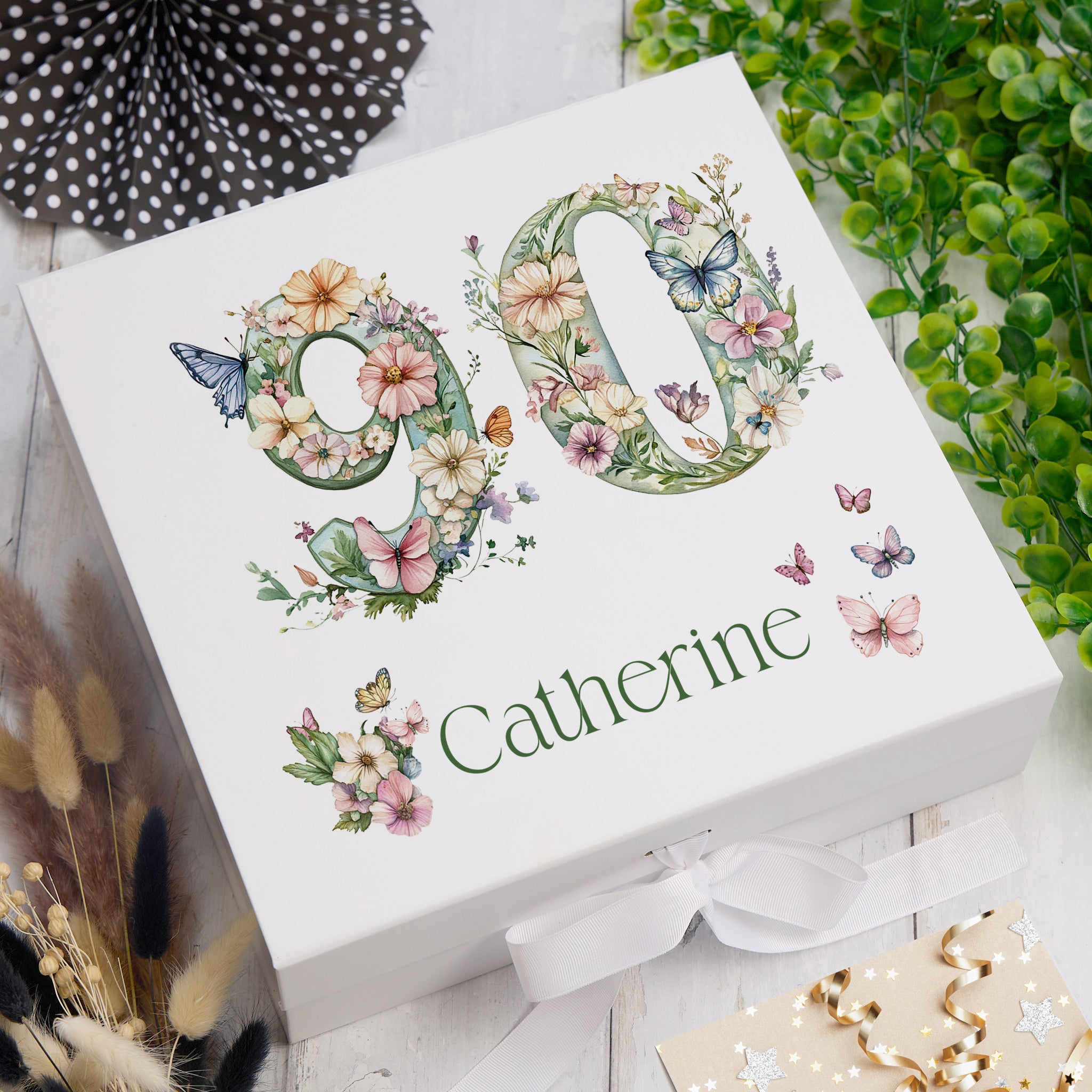 Personalised 90th Birthday Memory Box, Keepsake Box Gift With Flowers and Butterflies ukgiftstoreonline Ribbon Box Medium