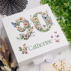 Personalised 90th Birthday Memory Box, Keepsake Box Gift With Flowers and Butterflies ukgiftstoreonline Ribbon Box Medium