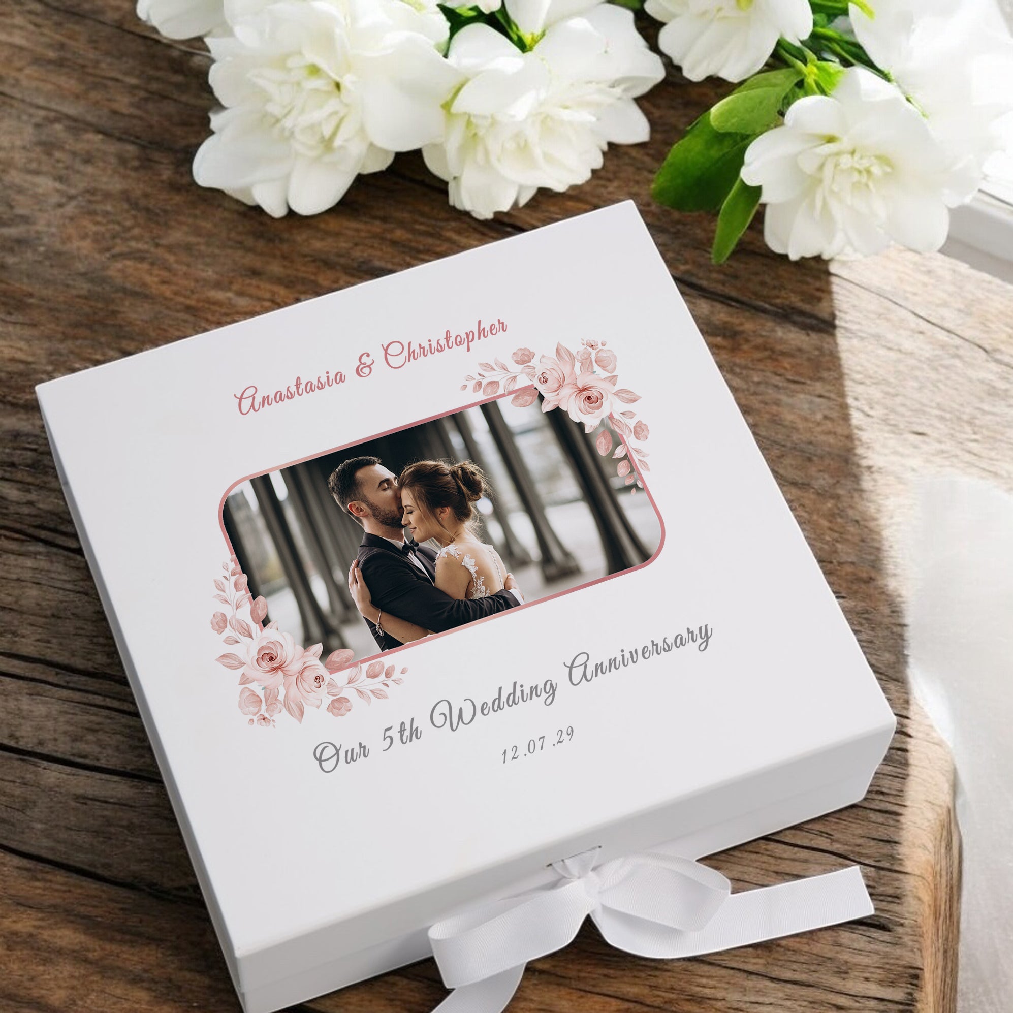 Personalised Elegant 5th Anniversary Keepsake Box Custom Photo In Rose Gold Flower Frame Anniversary Couple Gift Wedding Day Memory Gifts ukgiftstoreonline