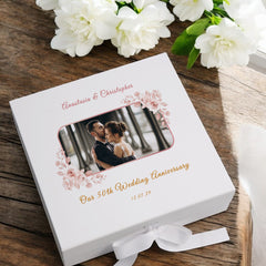 Personalised 50th Anniversary Photo Keepsake Box, Custom Photo Wedding Memory Storage, Wood or Ribbon Box, Available in 2 Sizes