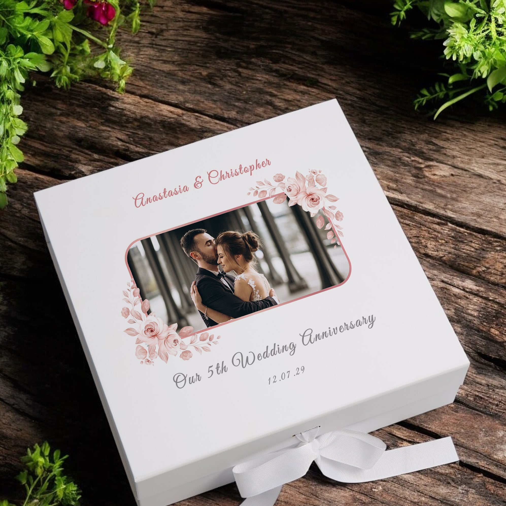Personalised Elegant 5th Anniversary Keepsake Box Custom Photo In Rose Gold Flower Frame Anniversary Couple Gift Wedding Day Memory Gifts ukgiftstoreonline Ribbon Box Medium