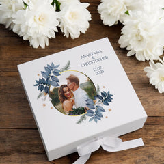 Personalised Wedding Keepsake Box Couple Gift Custom Photo in Gold Circle Frame Wedding Day Memory Gifts