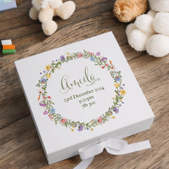 Personalised Baby Girl Memory Keepsake Box with Wildflower Wreath New Parents