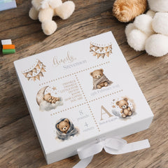 Personalised Baby Memory Keepsake Box with Cute Teddy Icons and Birth Details