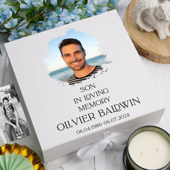 Personalised Son In Loving Memory White Keepsake Box With Photo For Condolence & Memory Treasure Sympathy Gift