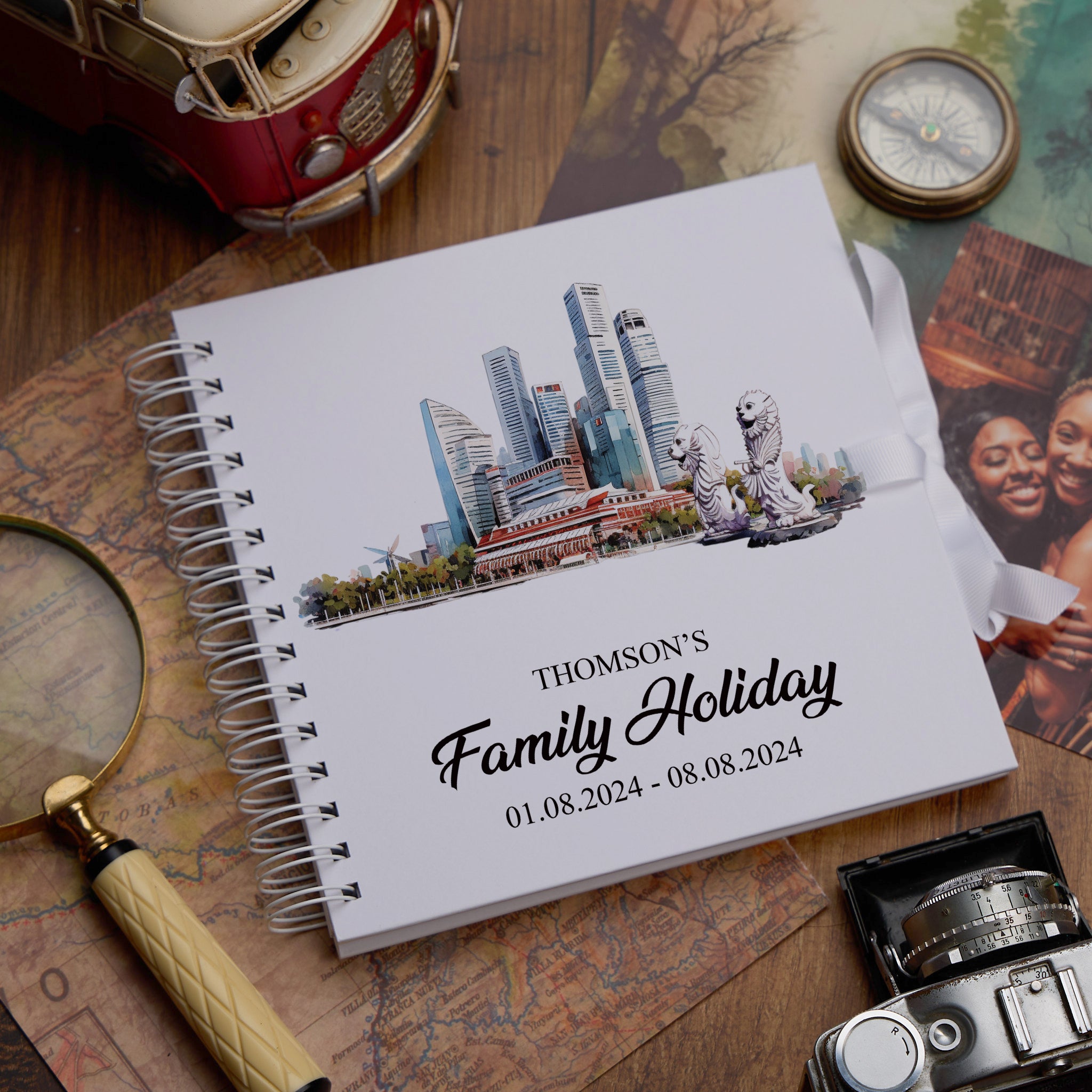 Personalised Singapore Holiday Memory Scrapbook Journal Photo Albums Adventures Photo Album ukgiftstoreonline Skyscrapers-Merlion 8 x 8 Inches
