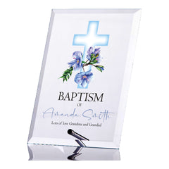 Personalised Blue Keepsake Plaque Gift With Green Floral Cross