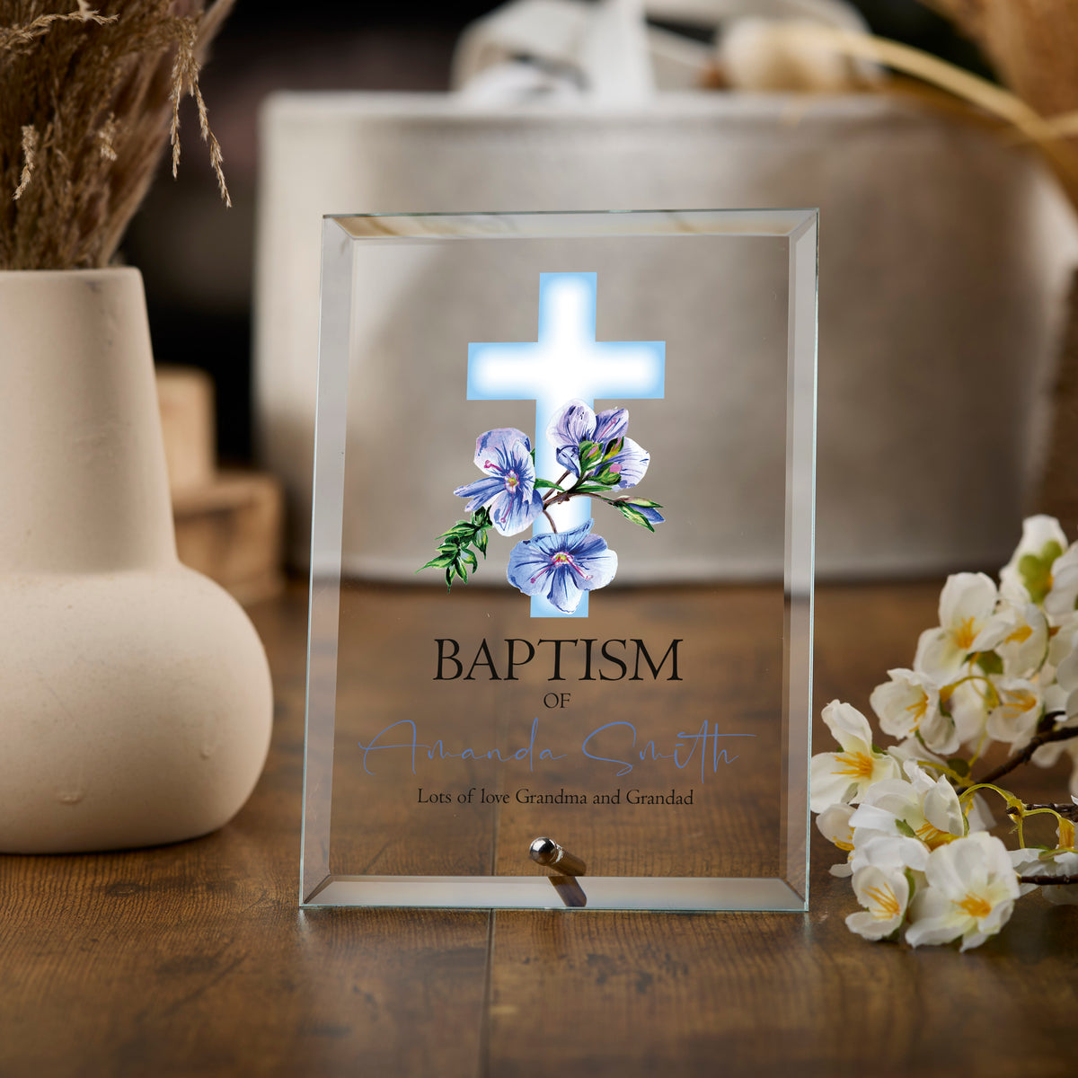 Personalised Blue Keepsake Plaque Gift With Green Floral Cross