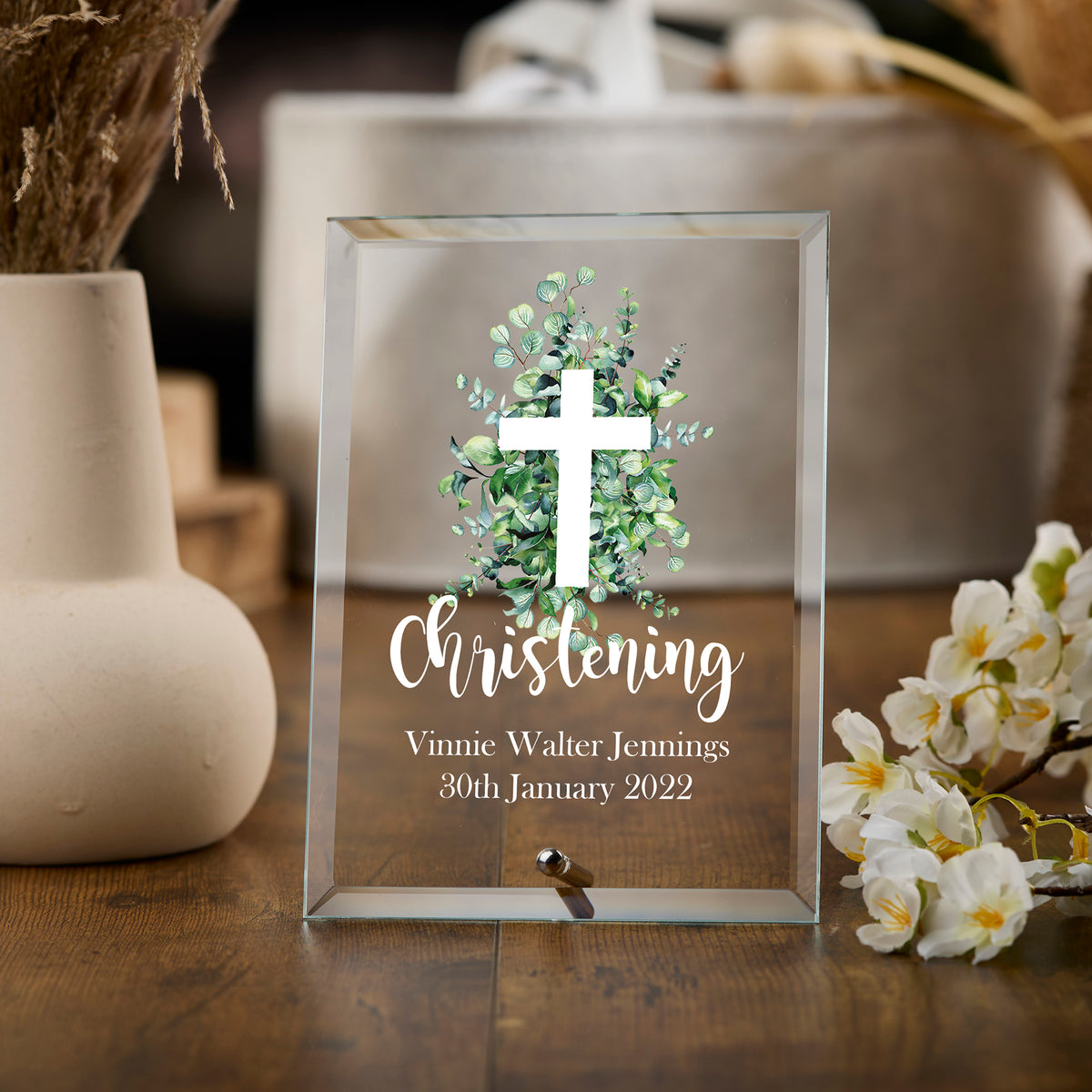 Personalised Christening Keepsake Plaque Gift With Green Leaf Cross