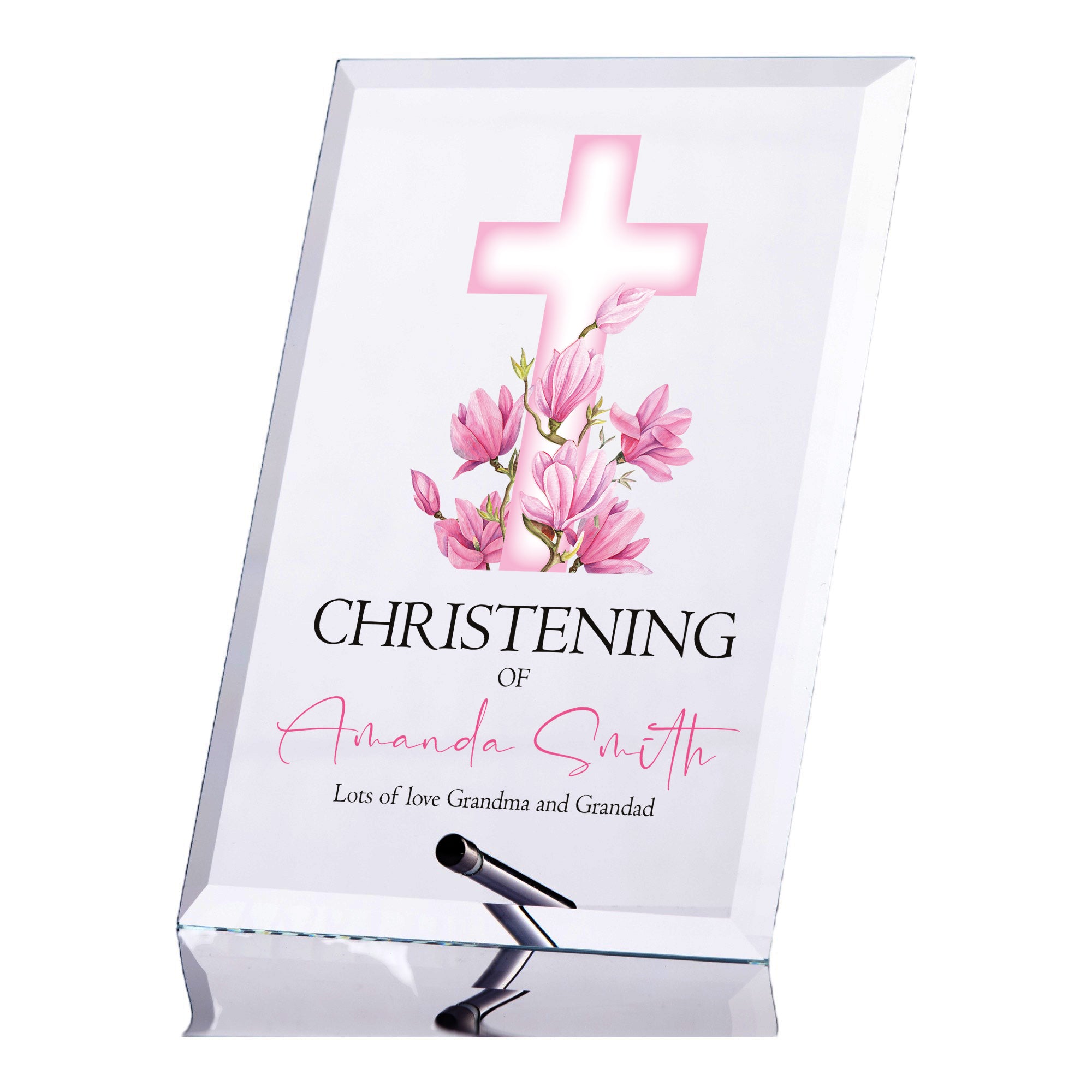 Personalised Christening Keepsake Plaque Gift With Pink Cross Cross