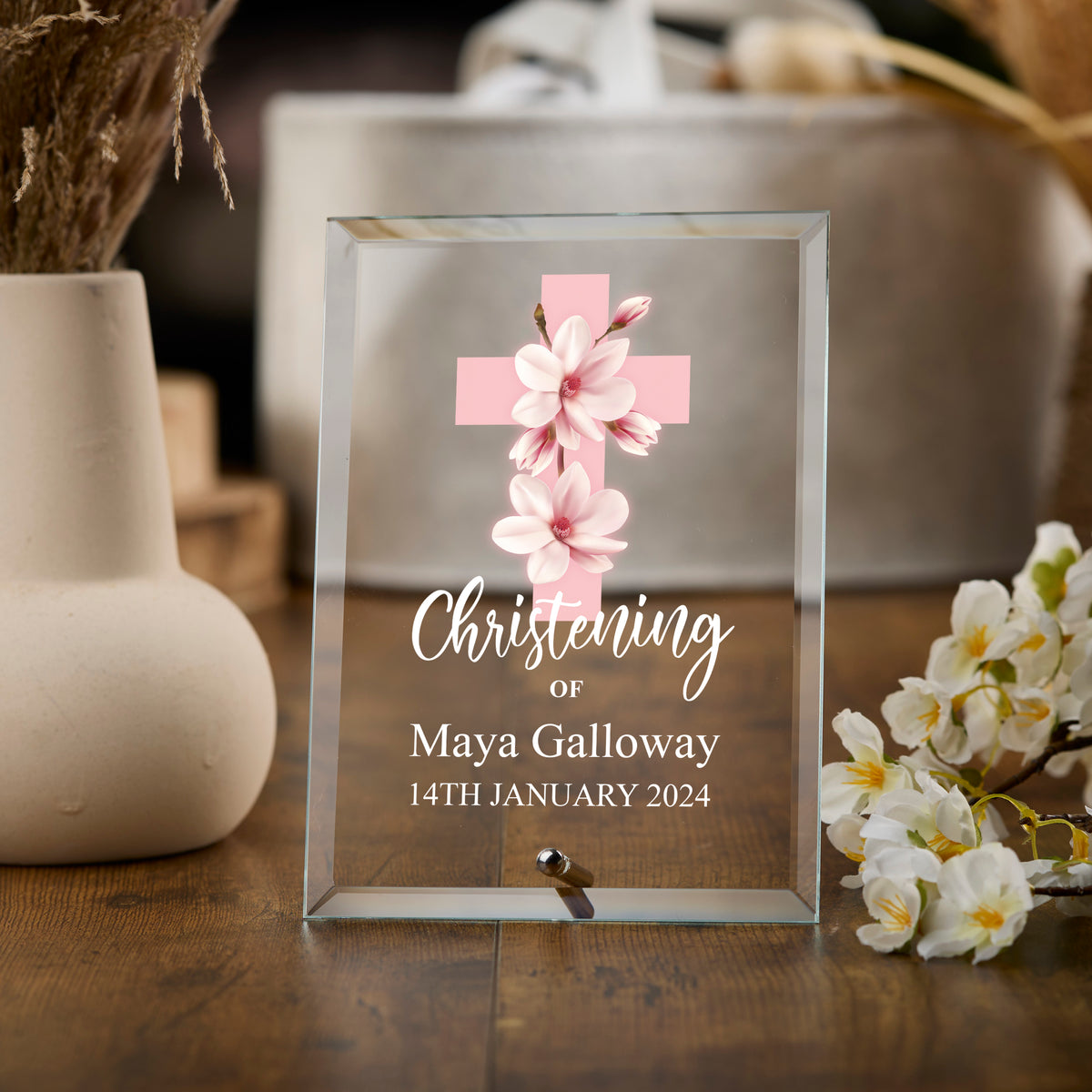 Personalised Christening Keepsake Plaque Gift With Pink Magnolia Cross