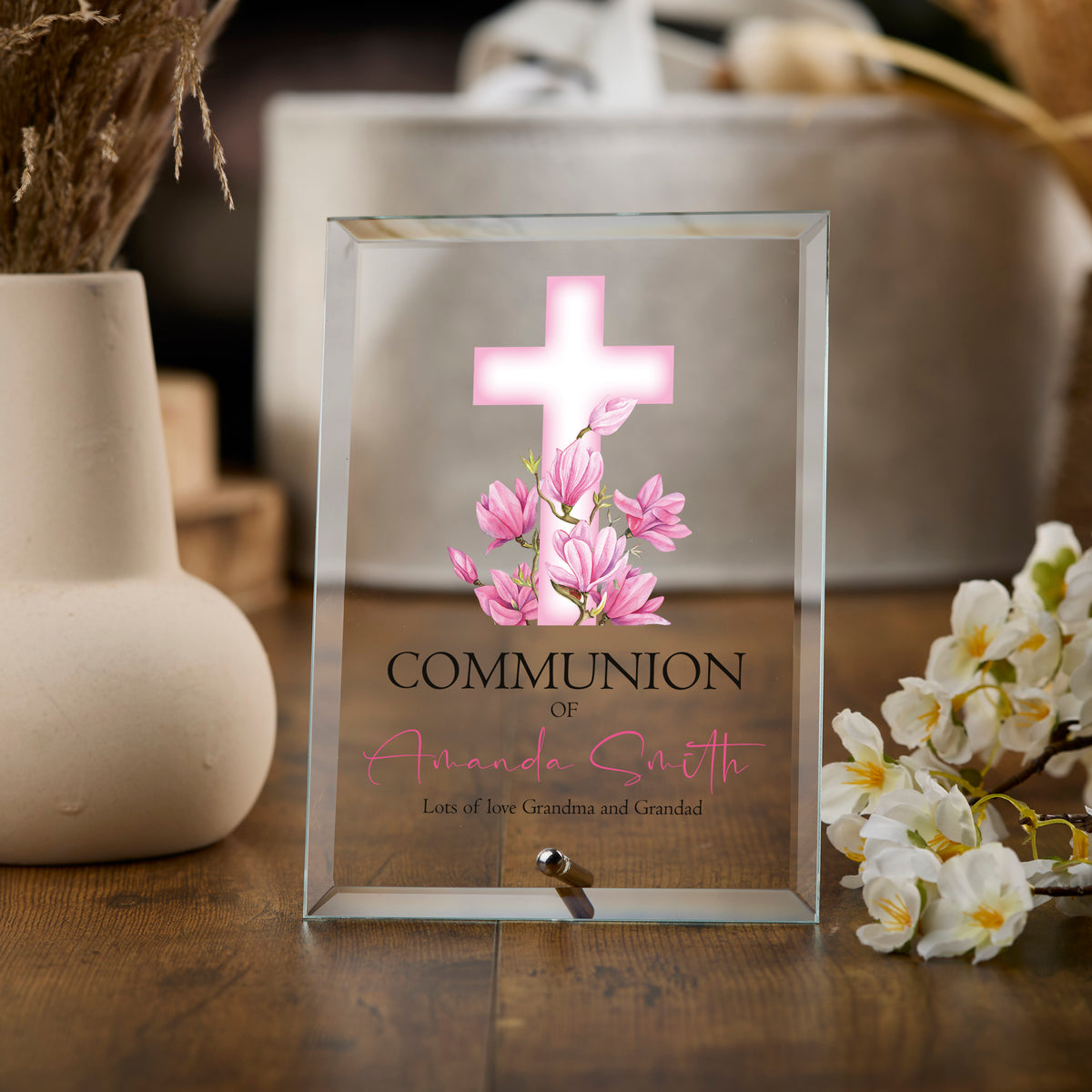 Personalised Communion Keepsake Plaque Gift With Pink Floral Cross