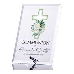 Personalised Communion Keepsake Plaque Gift With Green Floral Cross