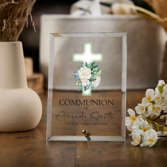 Personalised Communion Keepsake Plaque Gift With Green Floral Cross