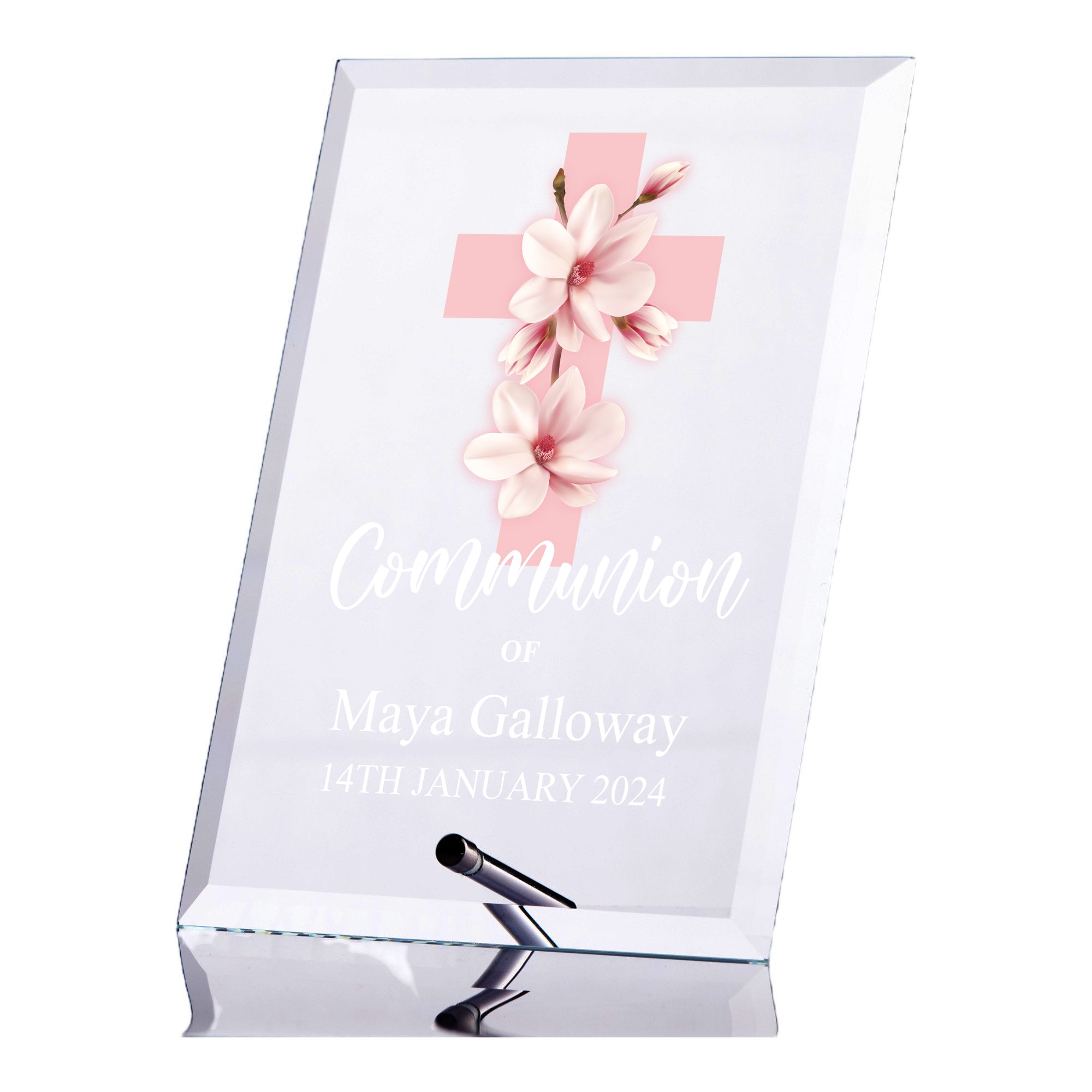 Personalised Communion Keepsake Plaque Gift With Pink Magnolia Cross