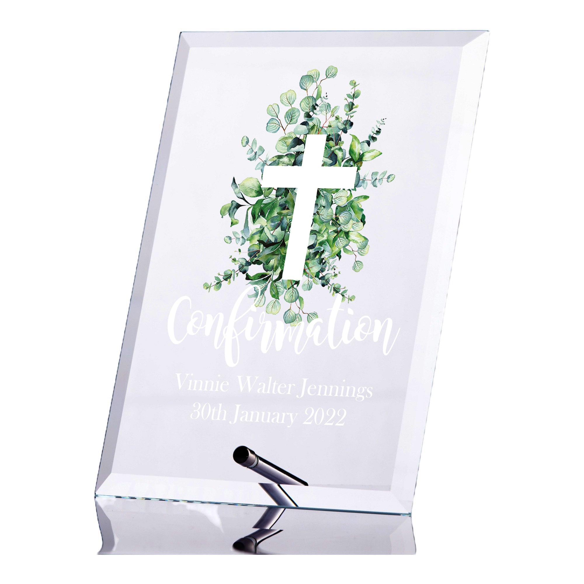 Personalised Confirmation Keepsake Plaque Gift With Green Leaf Cross