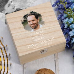 Personalised Grandson In Loving Memory Remembrance Wooden Keepsake Box With Photo