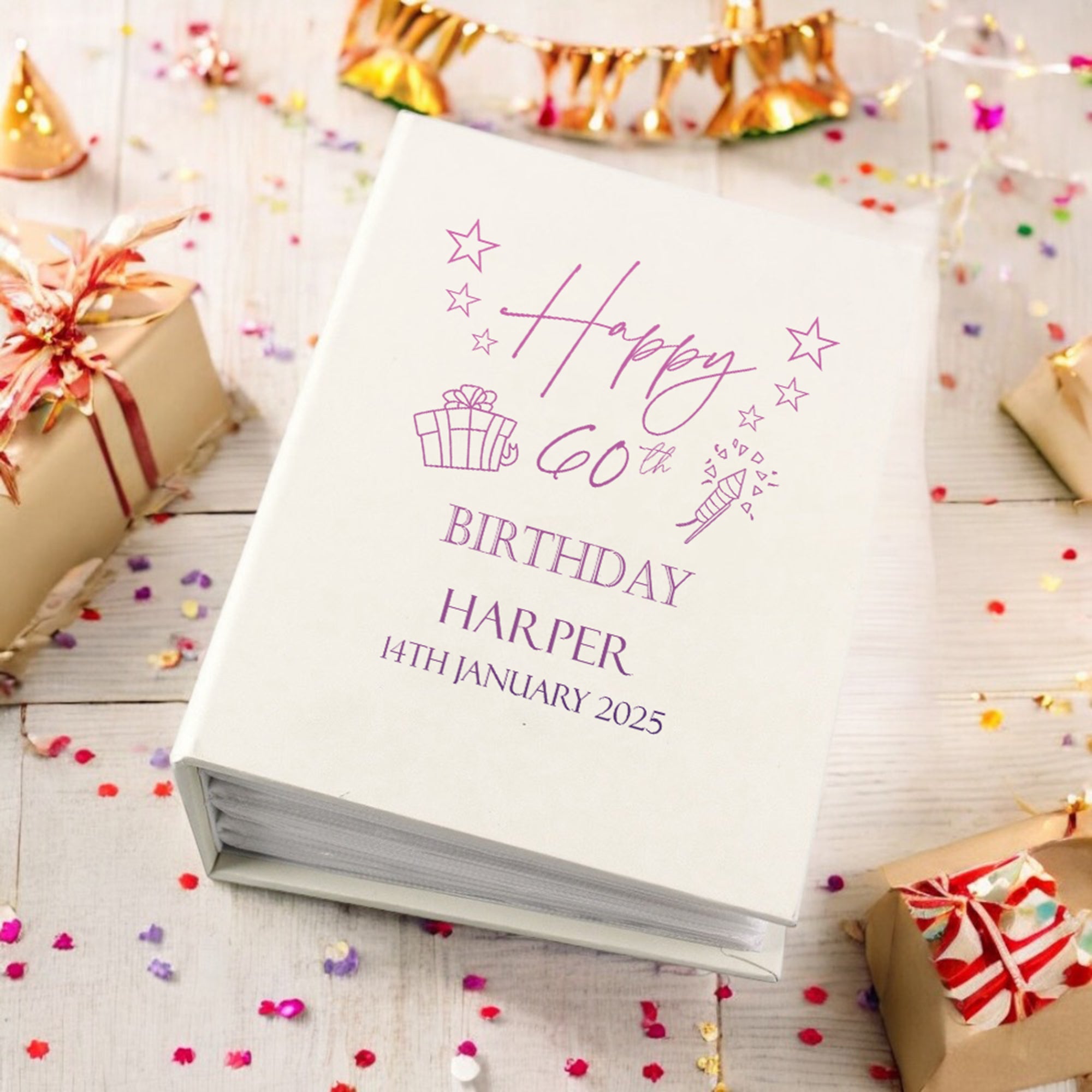 Personalised 60th Birthday Gift For Her Or Him With Present Design Photo Album With Sleeves 100 x 6x4 Capacity Personalised Birthday Gift ukgiftstoreonline