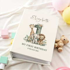 Personalised 1st Birthday Photo Album With Animals 100 6x4 Photo Album with Sleeves