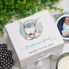 ukgiftstoreonline Personalised Baby Boy Gift Keepsake Memory Box Sitting Rabbit