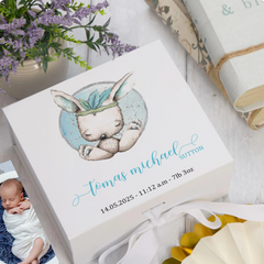 ukgiftstoreonline Personalised Baby Boy Gift Keepsake Memory Box Sitting Rabbit