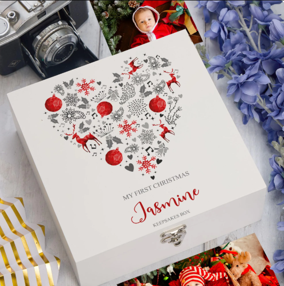 ukgiftstoreonline Personalised My First Christmas Heart Design Keepsake Memory Box Keepsake Memory Box ukgiftstoreonline