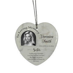 In Loving Memory At Christmas Hanging Ceramic Heart Decoration-Sister Personalised Heart Gifts ukgiftstoreonline