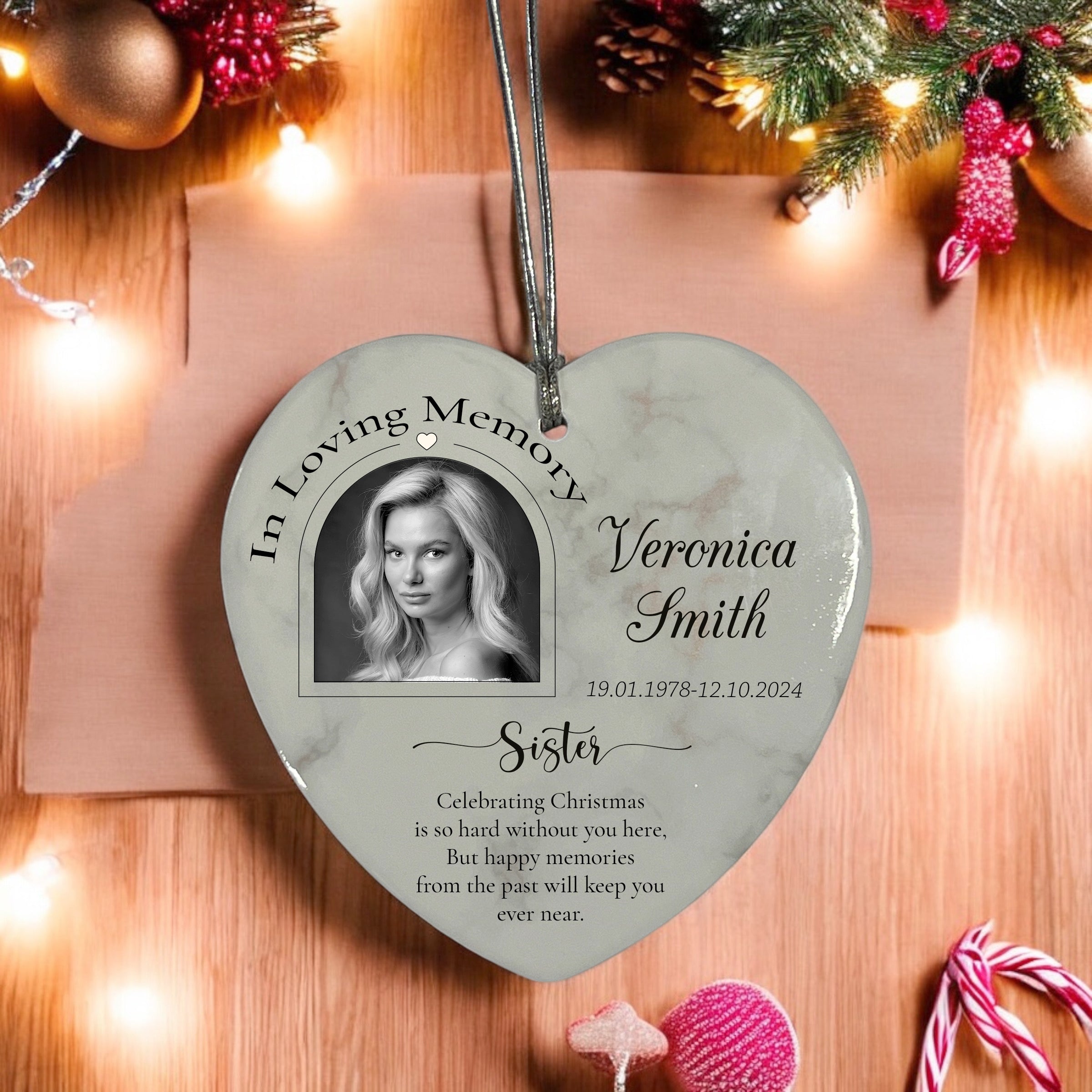 In Loving Memory At Christmas Hanging Ceramic Heart Decoration-Sister Personalised Heart Gifts ukgiftstoreonline
