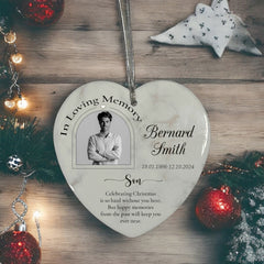 In Loving Memory At Christmas Hanging Ceramic Heart Decoration-Son Personalised Heart Gifts ukgiftstoreonline